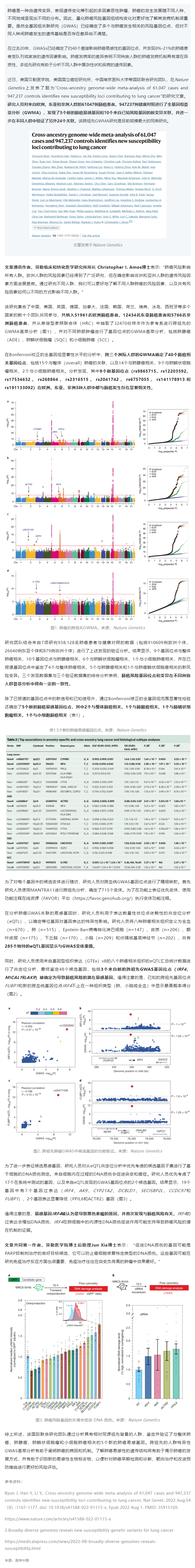 Nat Genet _ 中美等多國(guó)研究團(tuán)隊(duì)完成超百萬(wàn)人跨祖先全基因組薈萃分析，鑒定新的肺癌易感位點(diǎn)