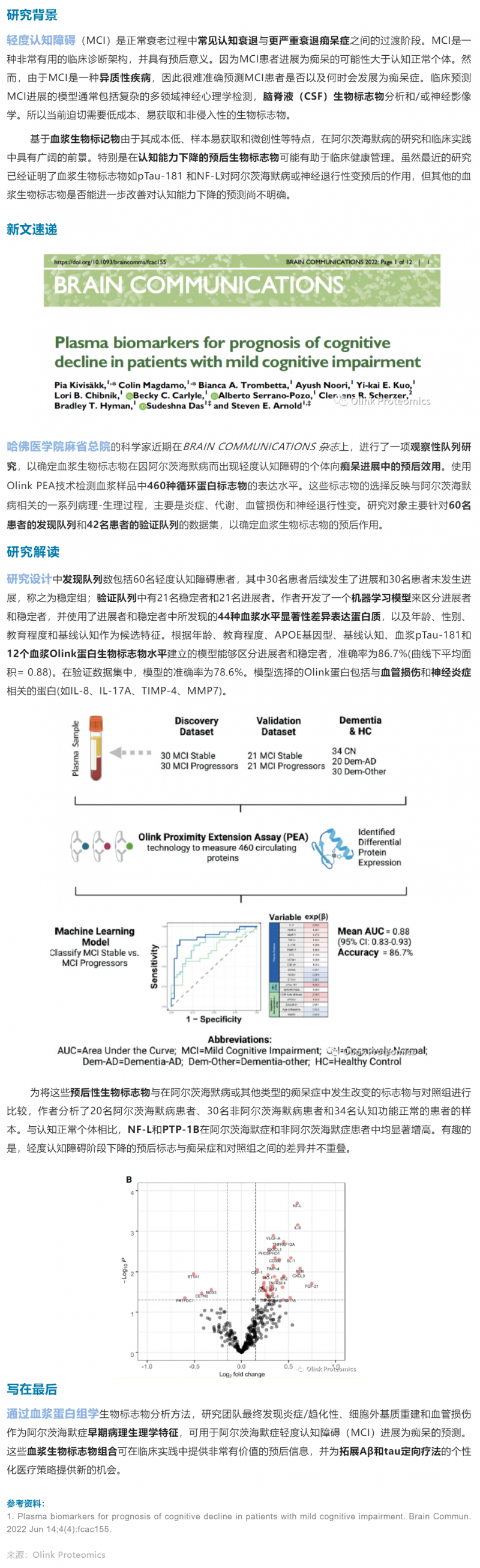 干貨解讀 | 輕度認知障礙患者認知下降預后血漿生物標志物研發案例