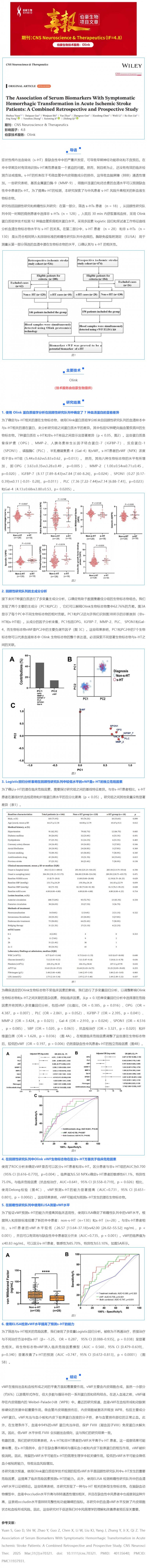 13Olink 項目文章 _ 血清生物標志物與急性缺血性中風患者癥狀性出血性轉化的關系：一項回顧性與前瞻性